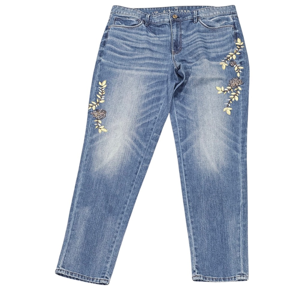 White House Black Market Girlfriend Leg Ankle Blue Denim Floral Applique Sz 12L